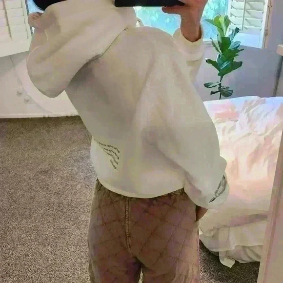 WHITE Paris Cropped Hoodie 100% Cotton Fleece White Rose Embroidery - Picture 2 of 16